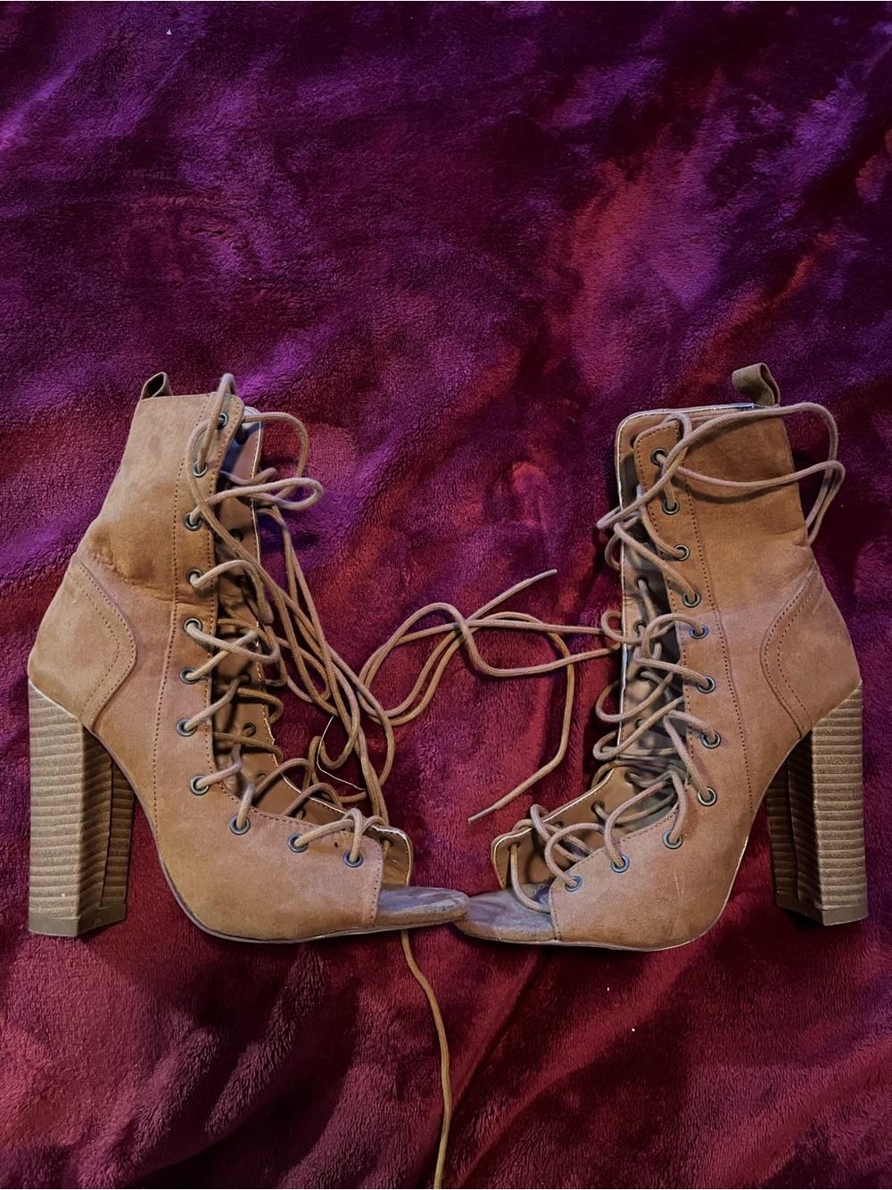 Liliana Lace-Up Open-Toe High Heel Booties in Brown